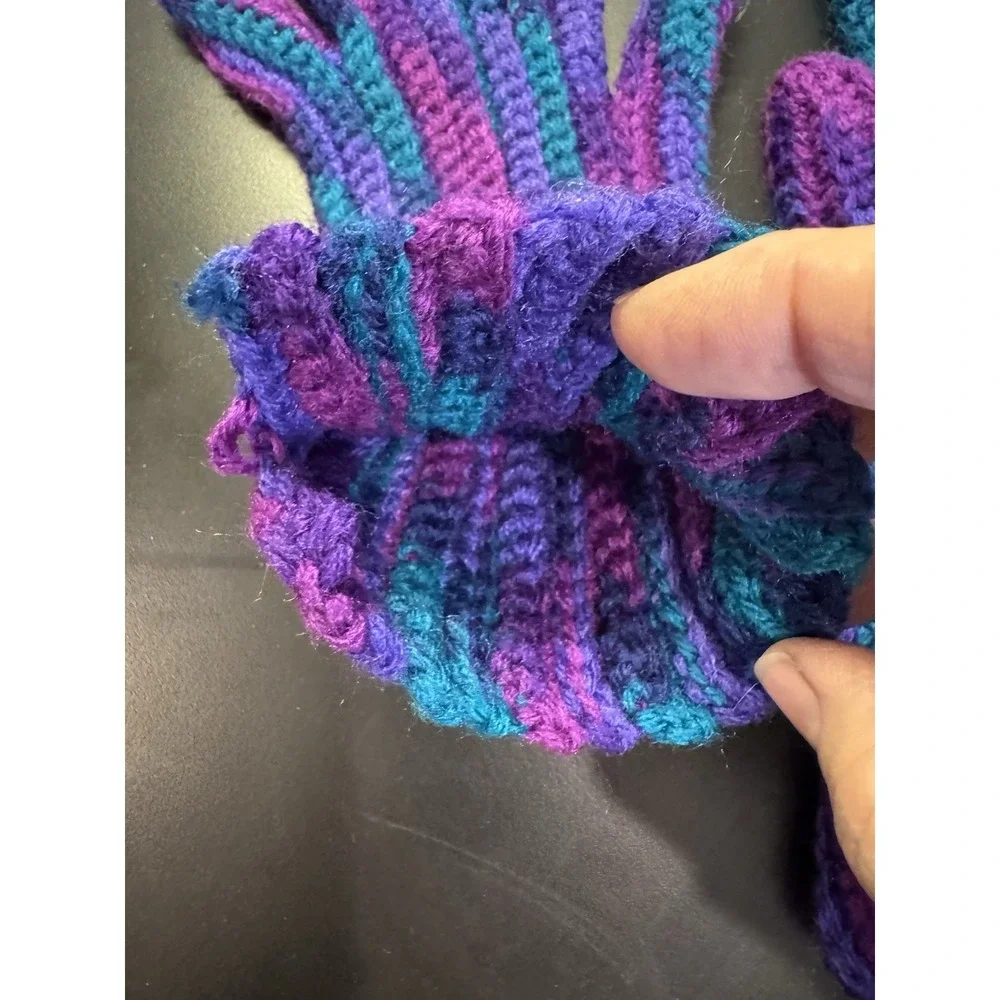 Purple with green pink stripe winter knit home‎ Gloves Handmade